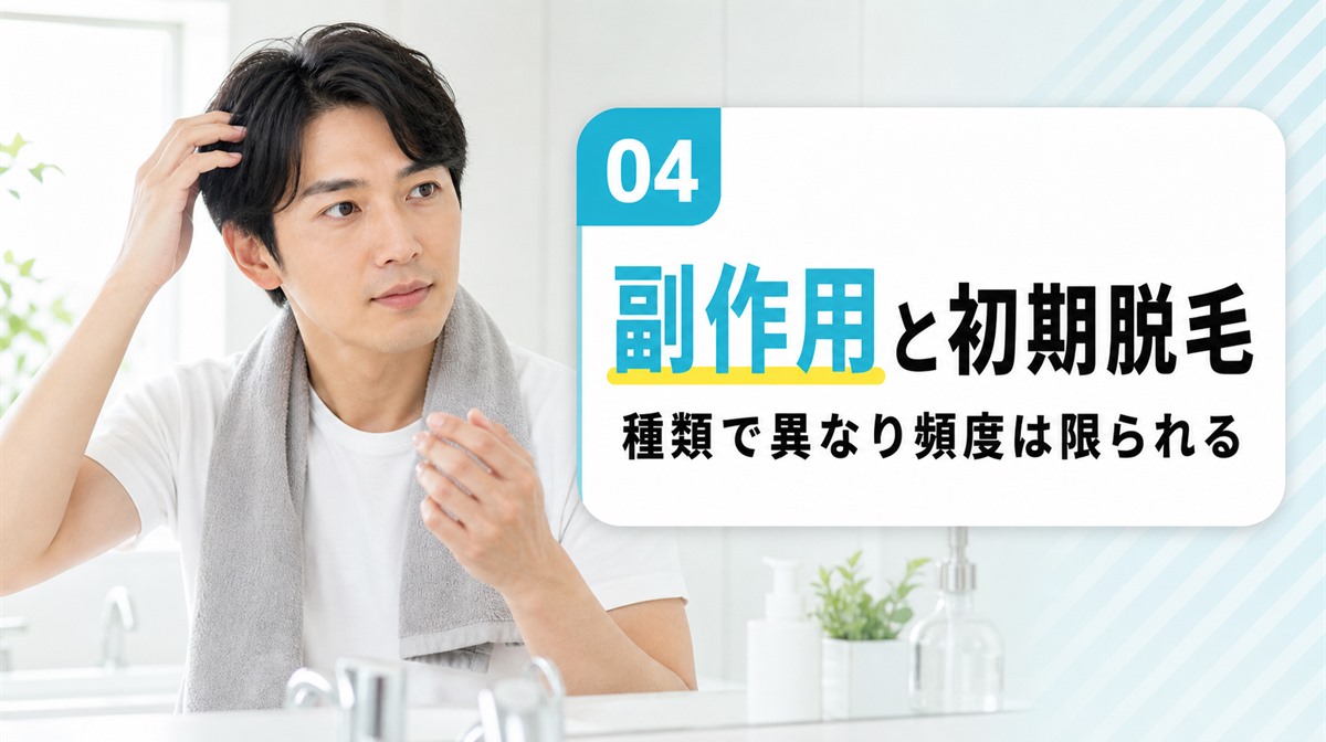 AGA治療薬の副作用と初期脱毛がいつまで続くかを解説する見出しイメージ
