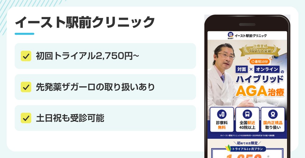 イースト駅前クリニックのAGA治療おすすめポイントまとめバナー