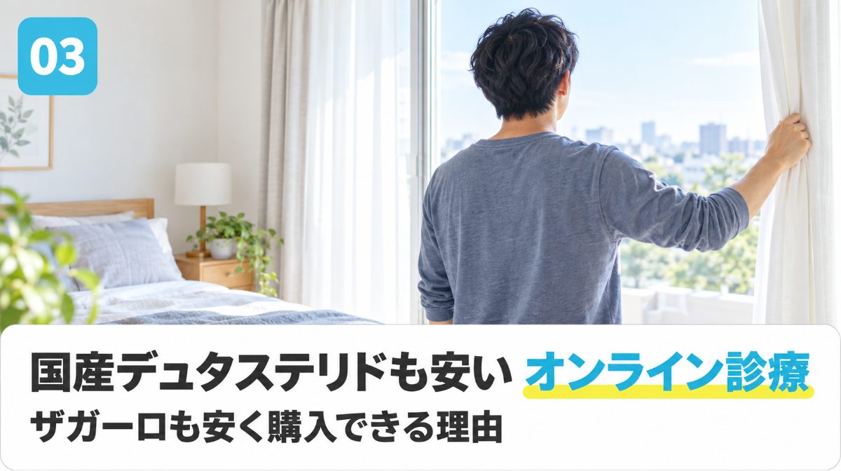 国産デュタステリド･ザガーロも安く購入できるオンライン診療を解説する見出しイメージ