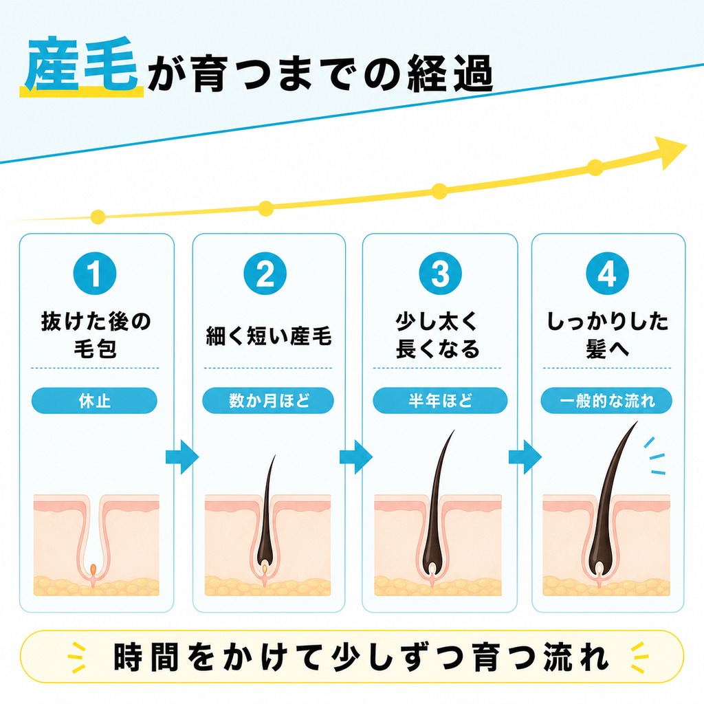 初期脱毛の後に産毛が生え少しずつ太く育っていく経過を時間の流れで示した図