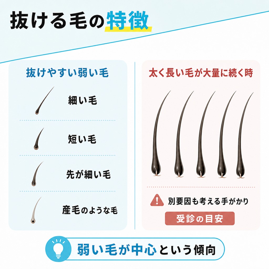 初期脱毛で抜けやすい細い毛や短い毛・先が細い毛と太く長い毛を並べて比べた図