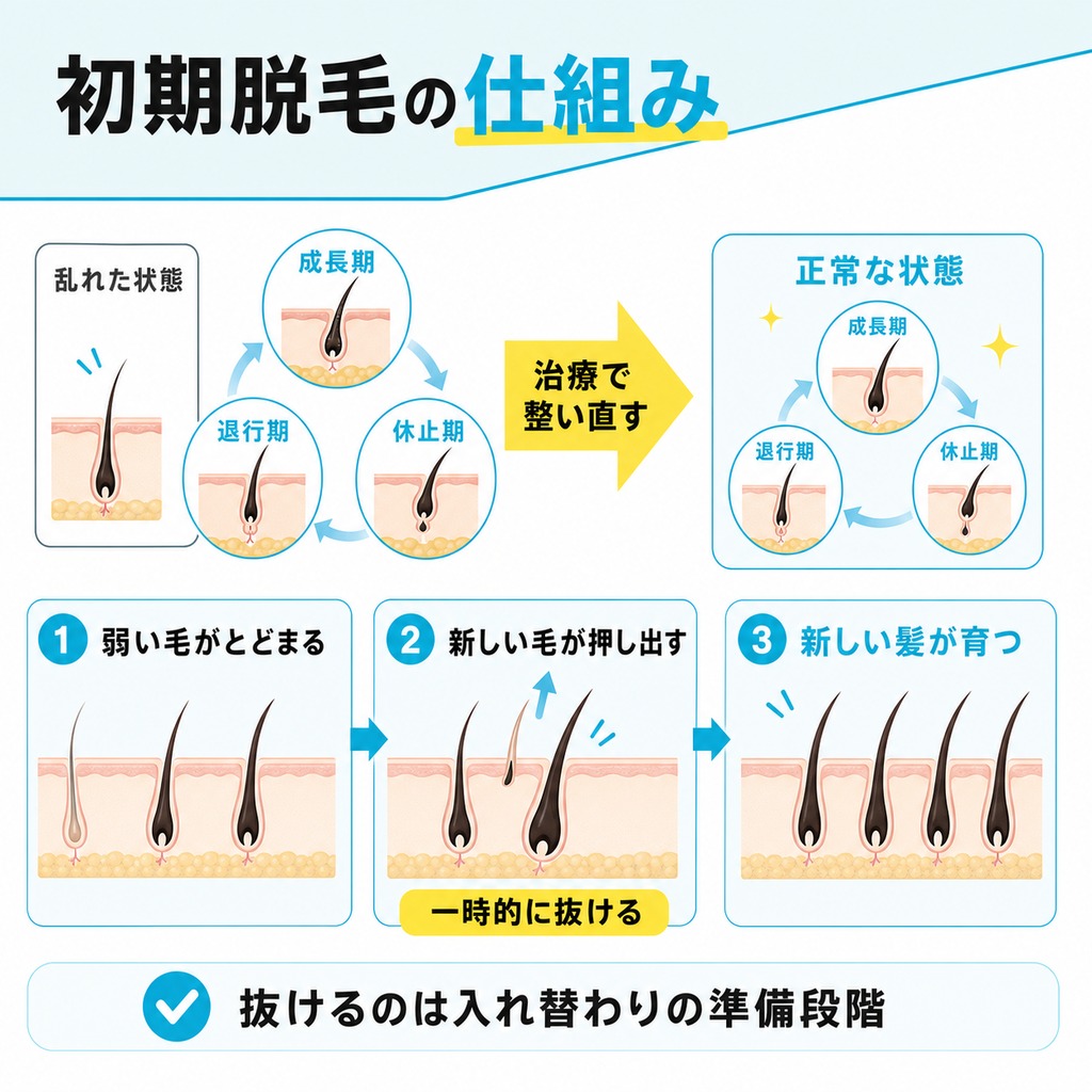 ヘアサイクルが整い直す過程で休止期の弱い毛が抜け新しい髪に入れ替わる初期脱毛の仕組みを示した概念図