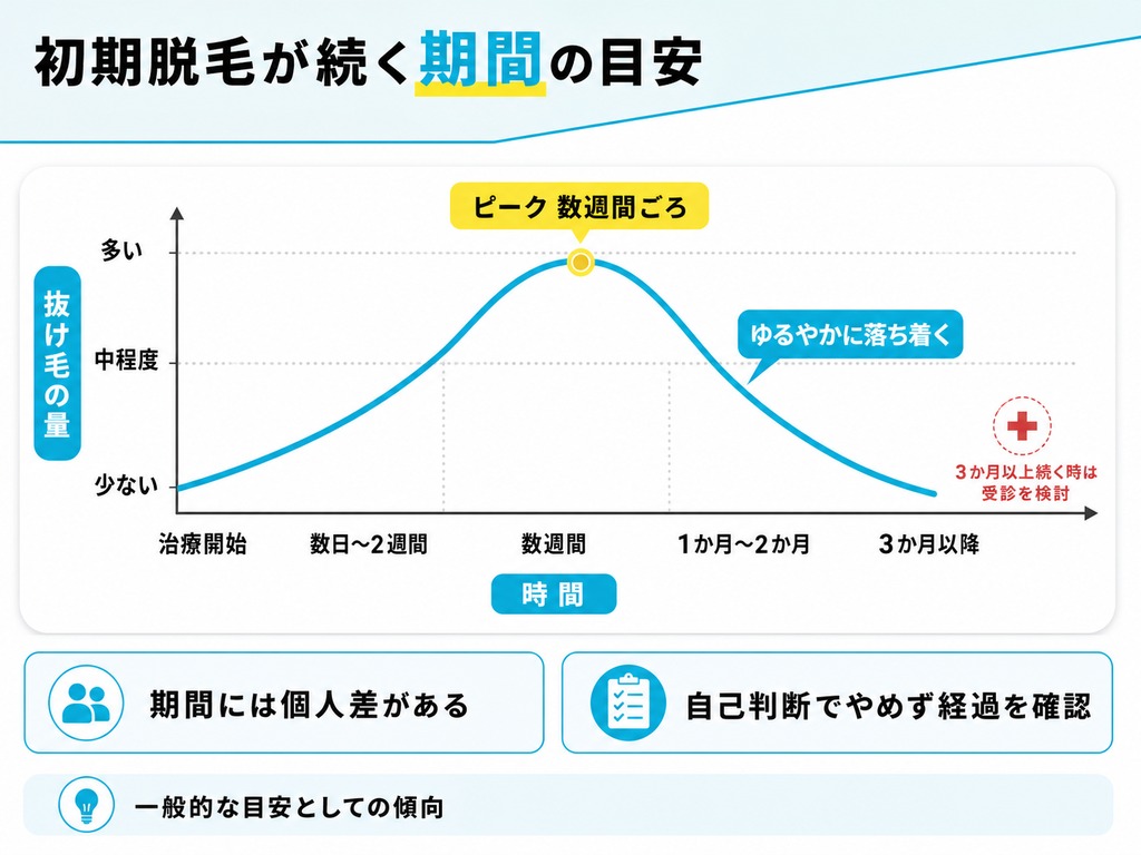 初期脱毛が治療開始後に始まりピークを経て落ち着くまでの期間の目安を示したタイムライン図