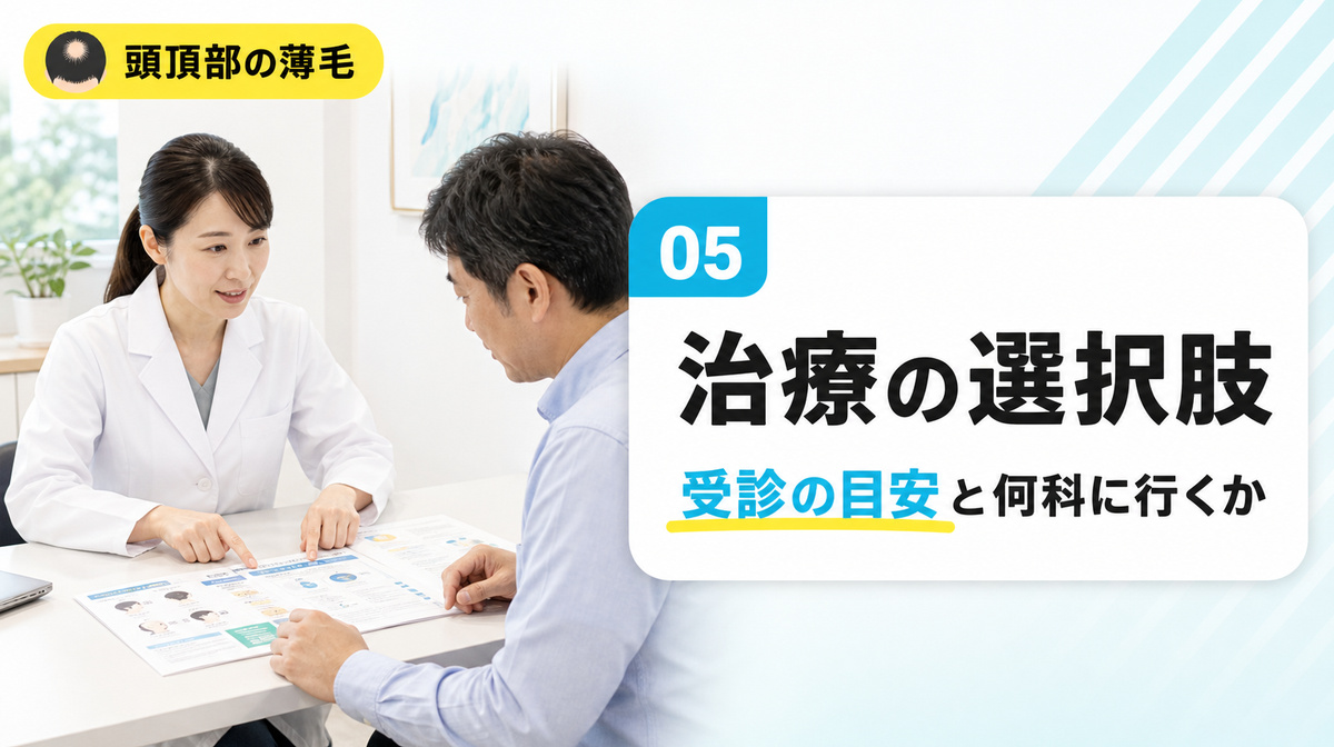 頭頂部の薄毛治療の選択肢と受診の目安を解説する見出しイメージ