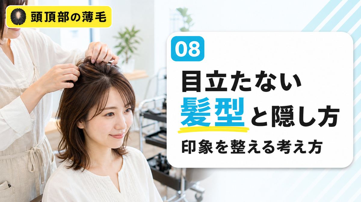 頭頂部の薄毛が目立たない髪型と隠し方の考え方を男女別に解説する見出しイメージ