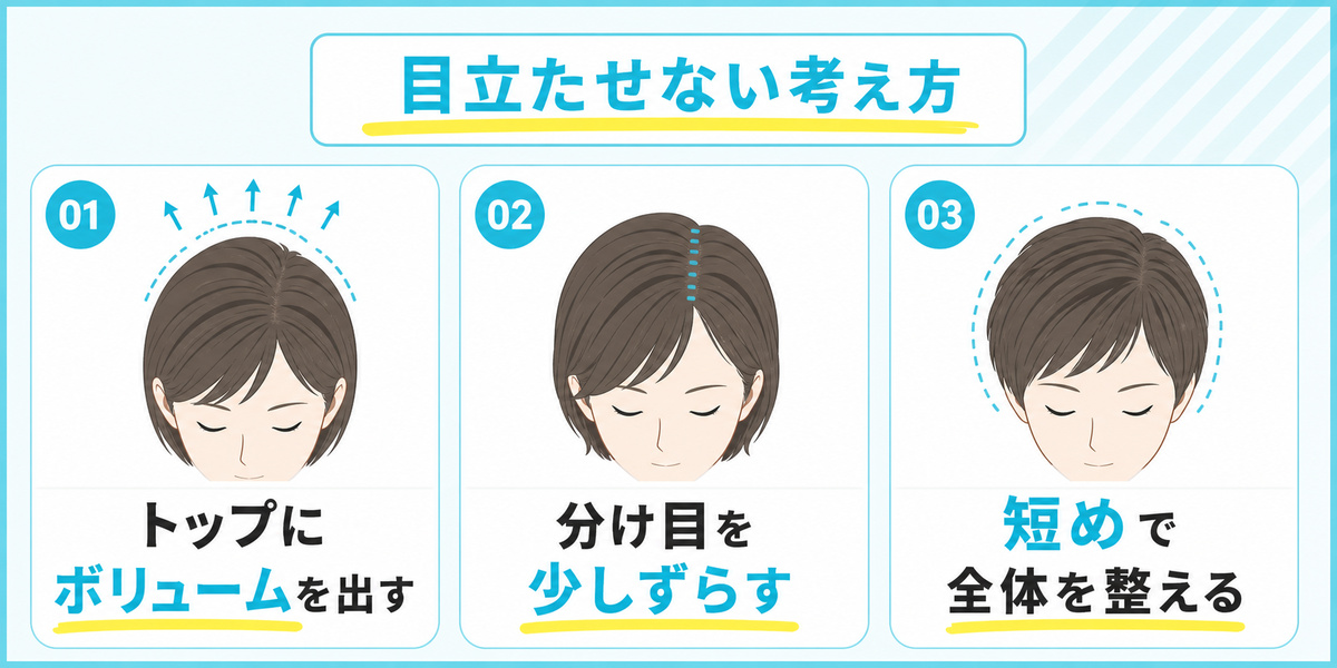 トップにボリュームを出す・分け目をずらすなど頭頂部を目立たせない髪型の考え方を示した図
