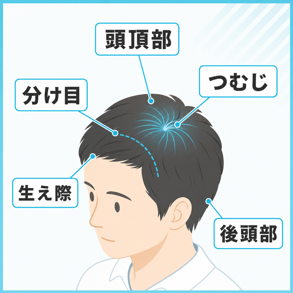 頭頂部やつむじ・分け目・生え際・後頭部はどこを指すのかを示した頭部の部位図