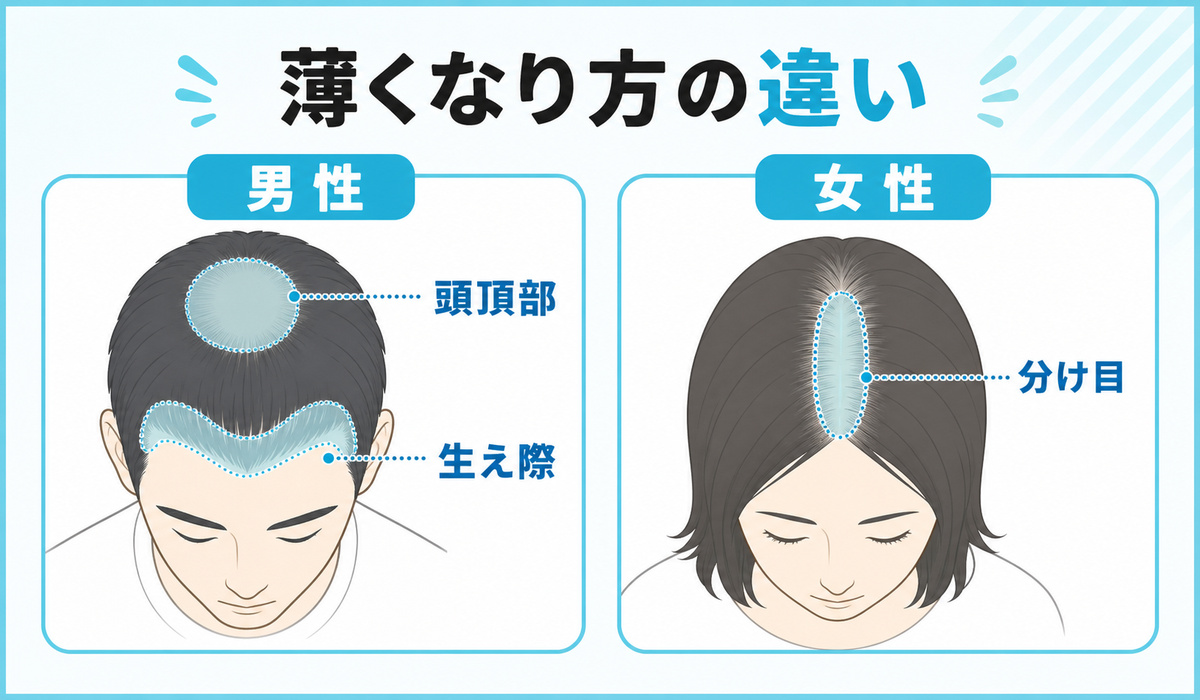 男性は頭頂部や生え際から女性は分け目を中心に全体が薄くなる男女の薄くなり方の違いを頭部シルエットで示した図