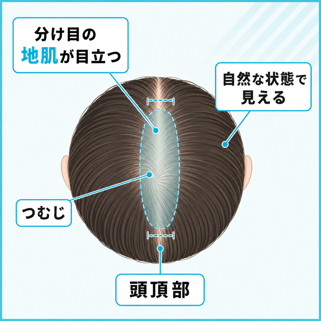 頭頂部を真上から見て分け目の地肌の幅や透け方でどこからが薄毛かの目安を示した図