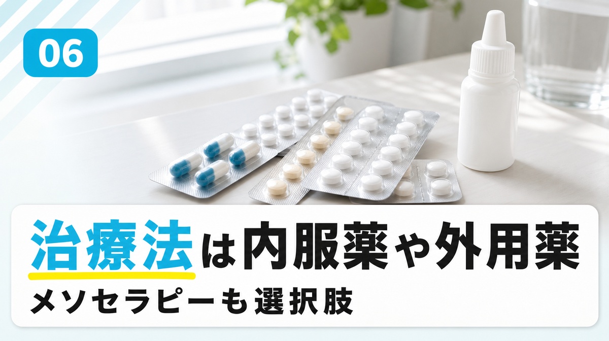 びまん性脱毛症の治療法は内服薬や外用薬であることを解説する見出しイメージ