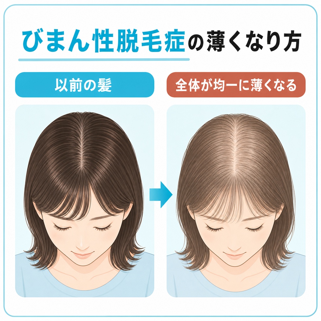 びまん性脱毛症で頭部全体の髪が均一に薄くなる様子を一般的な髪と比べて示した図