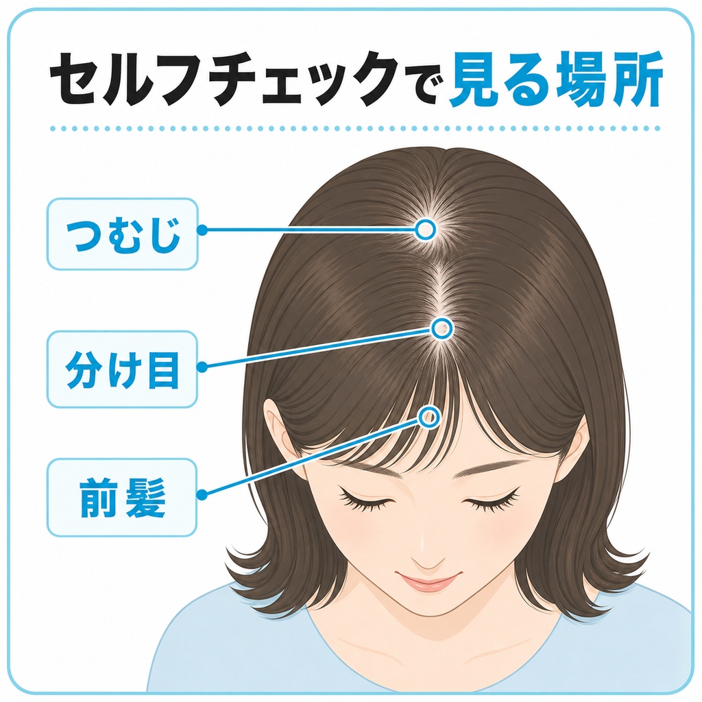 分け目やつむじ・前髪などびまん性脱毛症のセルフチェックで見る場所を頭部に示した図