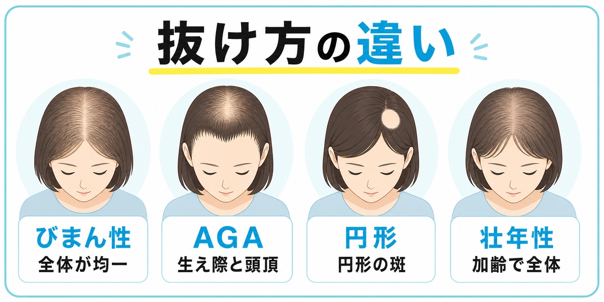 びまん性脱毛症とAGA・円形脱毛症・壮年性脱毛症の抜け方の違いを頭部シルエットで比較した図