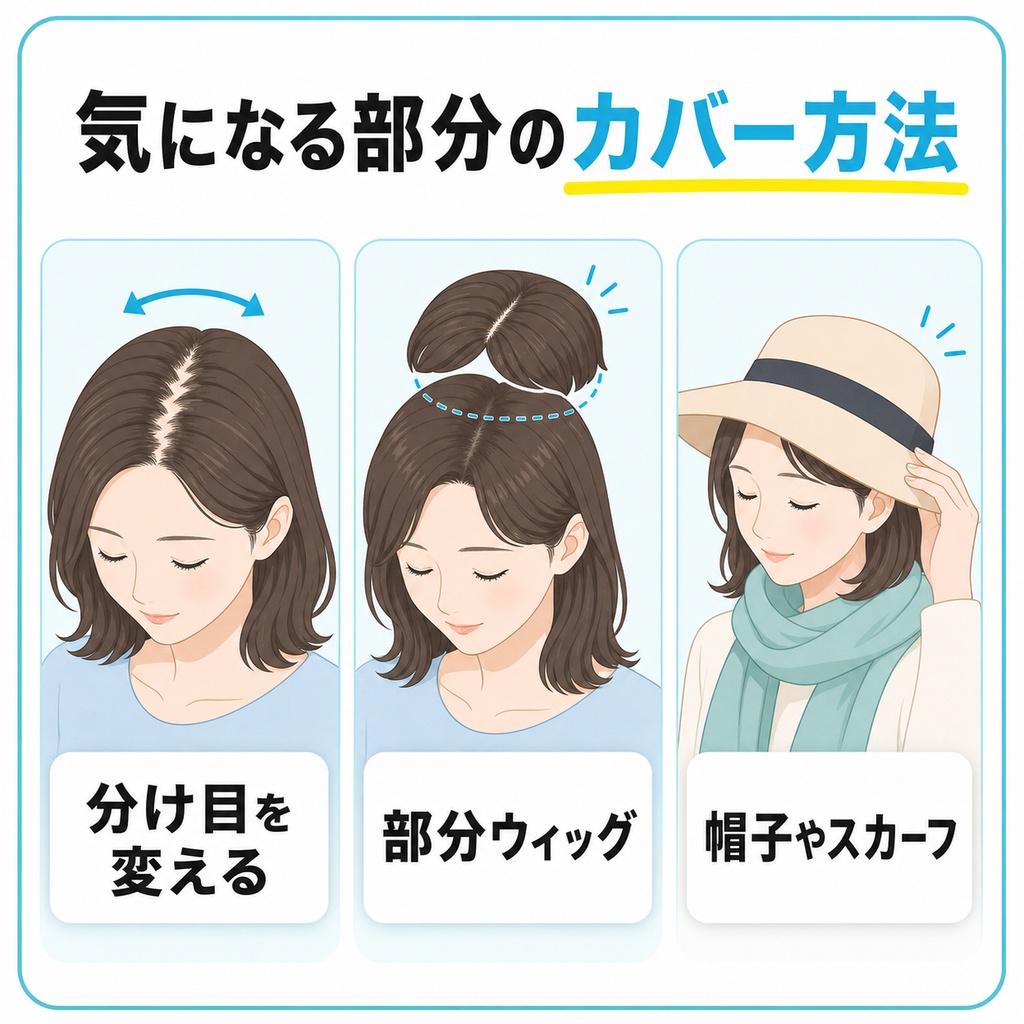 分け目を変える髪型や部分ウィッグ・帽子やスカーフなどびまん性脱毛症のカバー方法を示した図