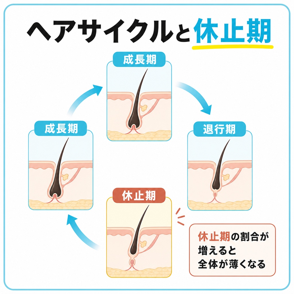 髪が成長期・退行期・休止期をくり返すヘアサイクルとびまん性脱毛症で休止期が増える様子を示した概念図