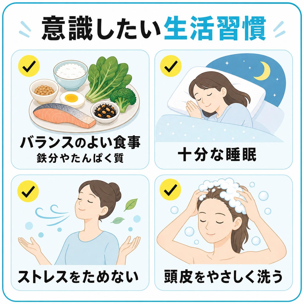 バランスのよい食事や十分な睡眠・ストレスケア・やさしい洗髪などびまん性脱毛症で意識したい生活習慣を並べた図