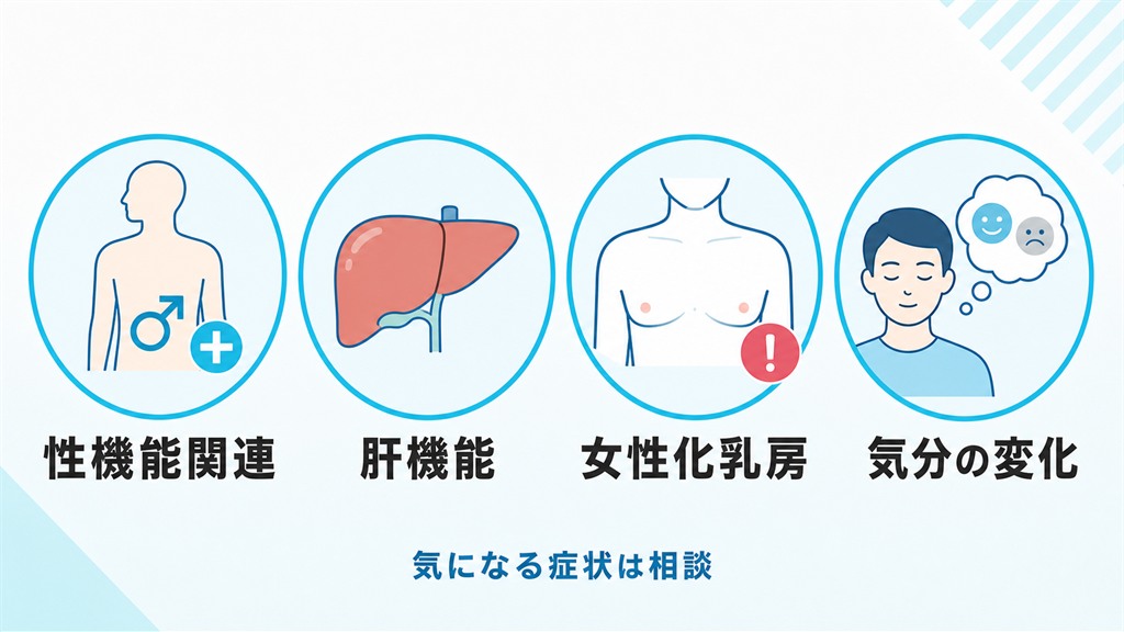 デュタステリドの性機能関連や肝機能や女性化乳房や気分など副作用の種類を分類したアイコン図