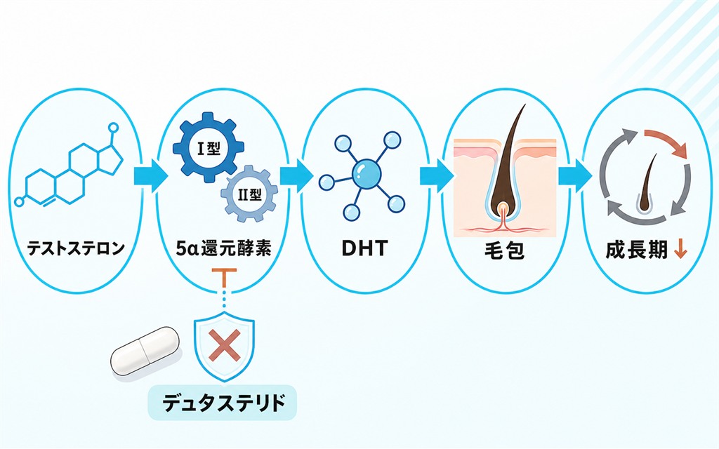 テストステロンが5α還元酵素I型とII型でDHTに変わりデュタステリドが両方を阻害する流れを示した図