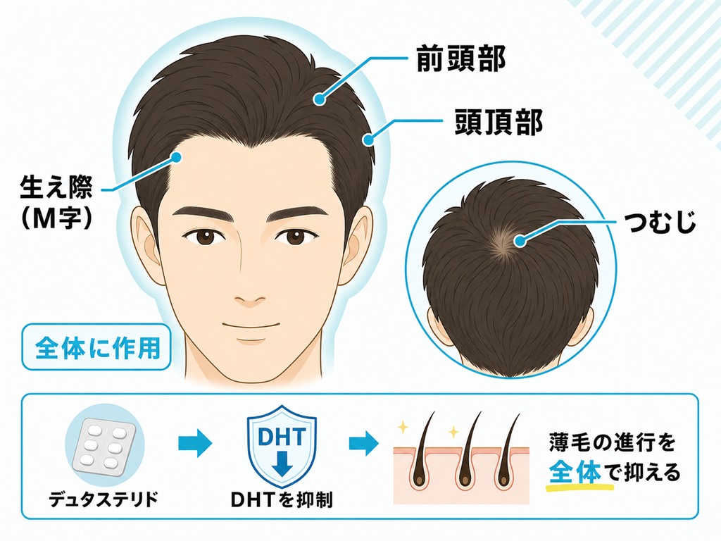 生え際のM字と前頭部と頭頂部やつむじなど頭部の部位とデュタステリドが作用する範囲を示した図