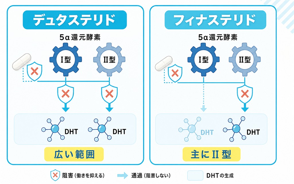 デュタステリドが5α還元酵素のI型とII型を抑えフィナステリドが主にII型を抑える作用範囲の違いを対比した図
