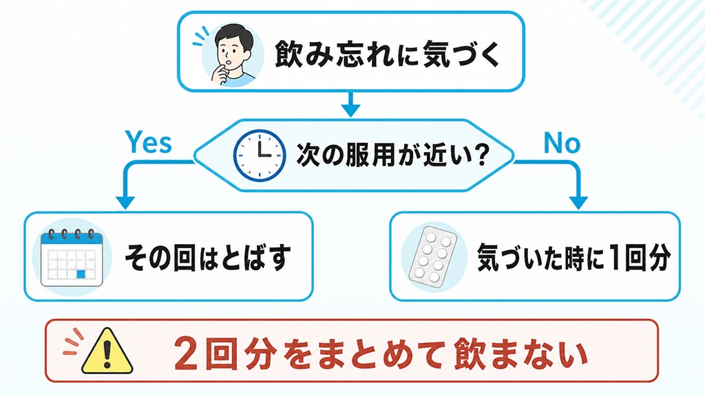 デュタステリドを飲み忘れたとき次の服用時間が近いかで1回分を飲むかとばすかを判断するフロー図