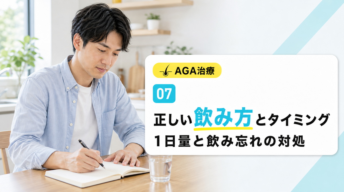 フィナステリドの正しい飲み方と飲むタイミングや1日量を解説する見出しイメージ
