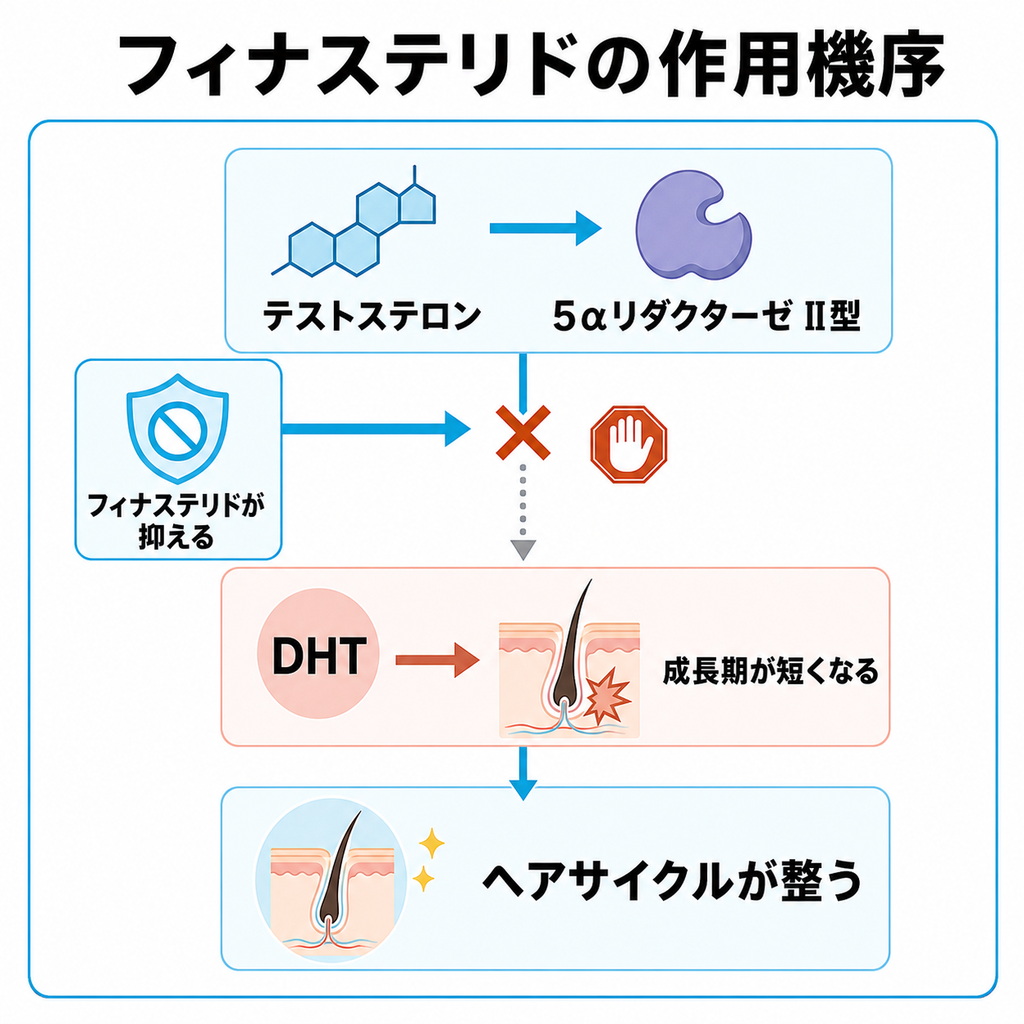 テストステロンが5αリダクターゼでDHTに変わりフィナステリドがその過程を抑えてヘアサイクルを整える流れを示した図