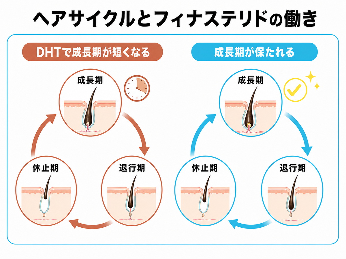 DHTで成長期が短くなり乱れるヘアサイクルとフィナステリドで成長期が保たれる流れを比べた図解
