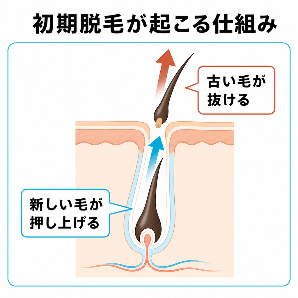 毛包の断面で新しい毛が古い毛を押し出して初期脱毛が起こる仕組みを示した図解