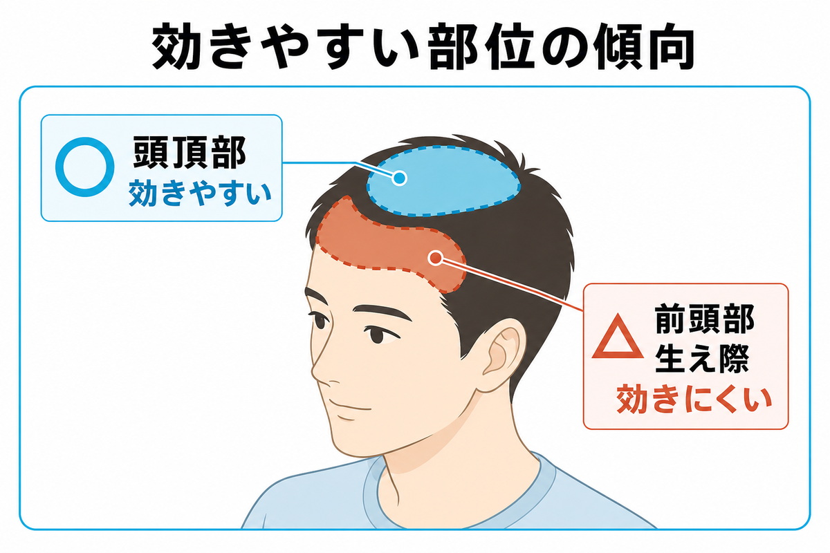 フィナステリドが頭頂部に効きやすく前頭部や生え際は効きにくい傾向を頭部の図で示した図解