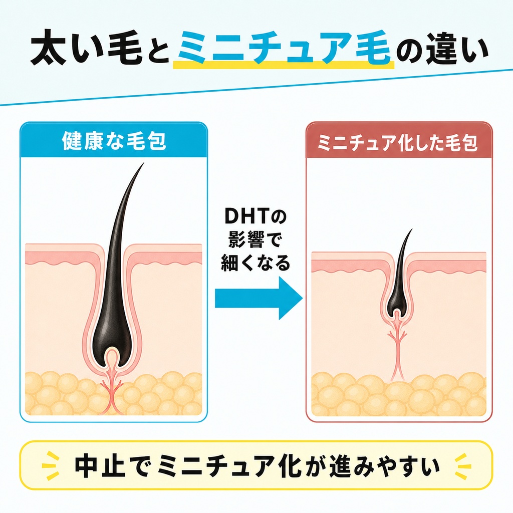 健康な太い毛包とDHTでミニチュア化した細い毛包を比較した図