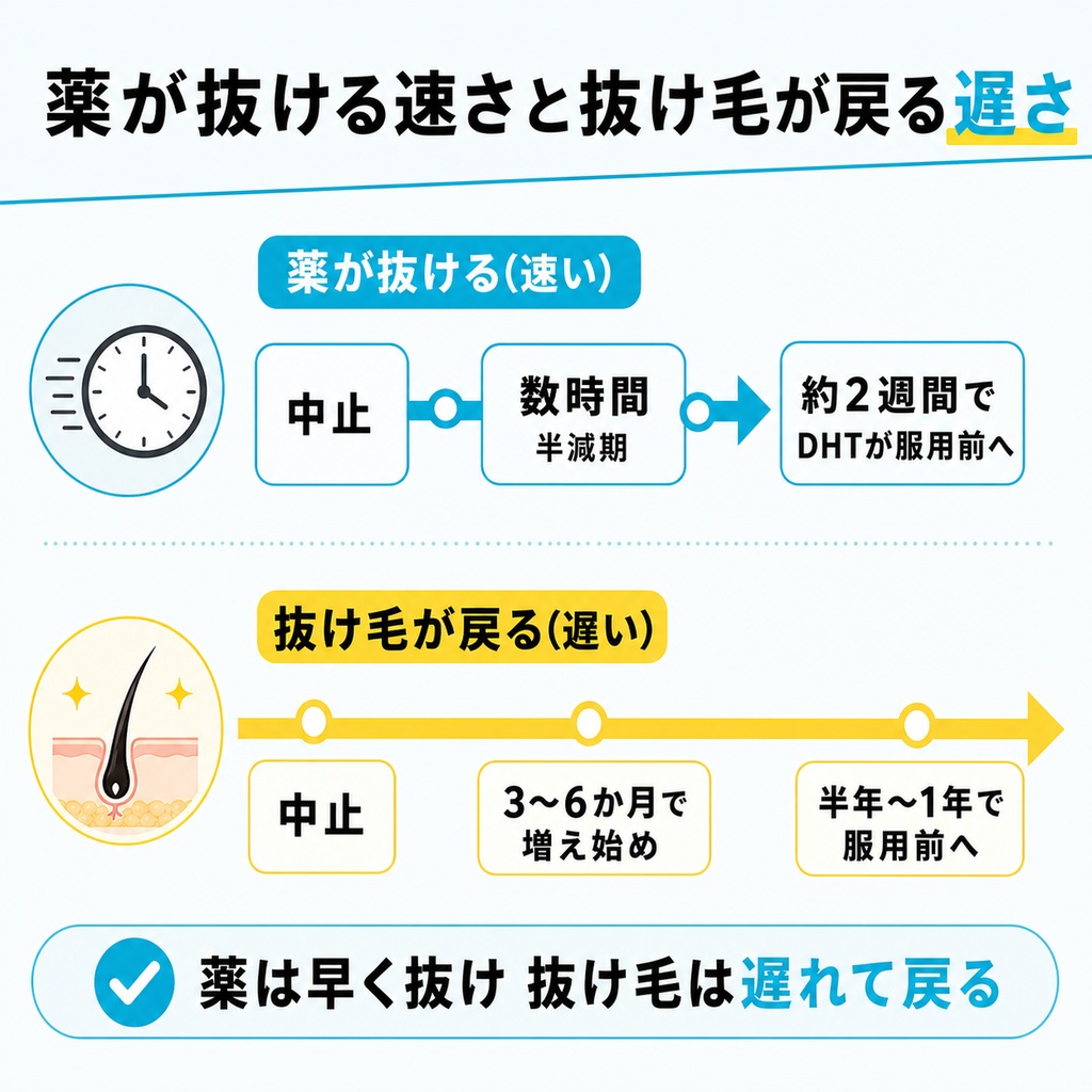 薬が抜ける速さと抜け毛が戻る遅さの2つの時間軸を示したタイムライン図