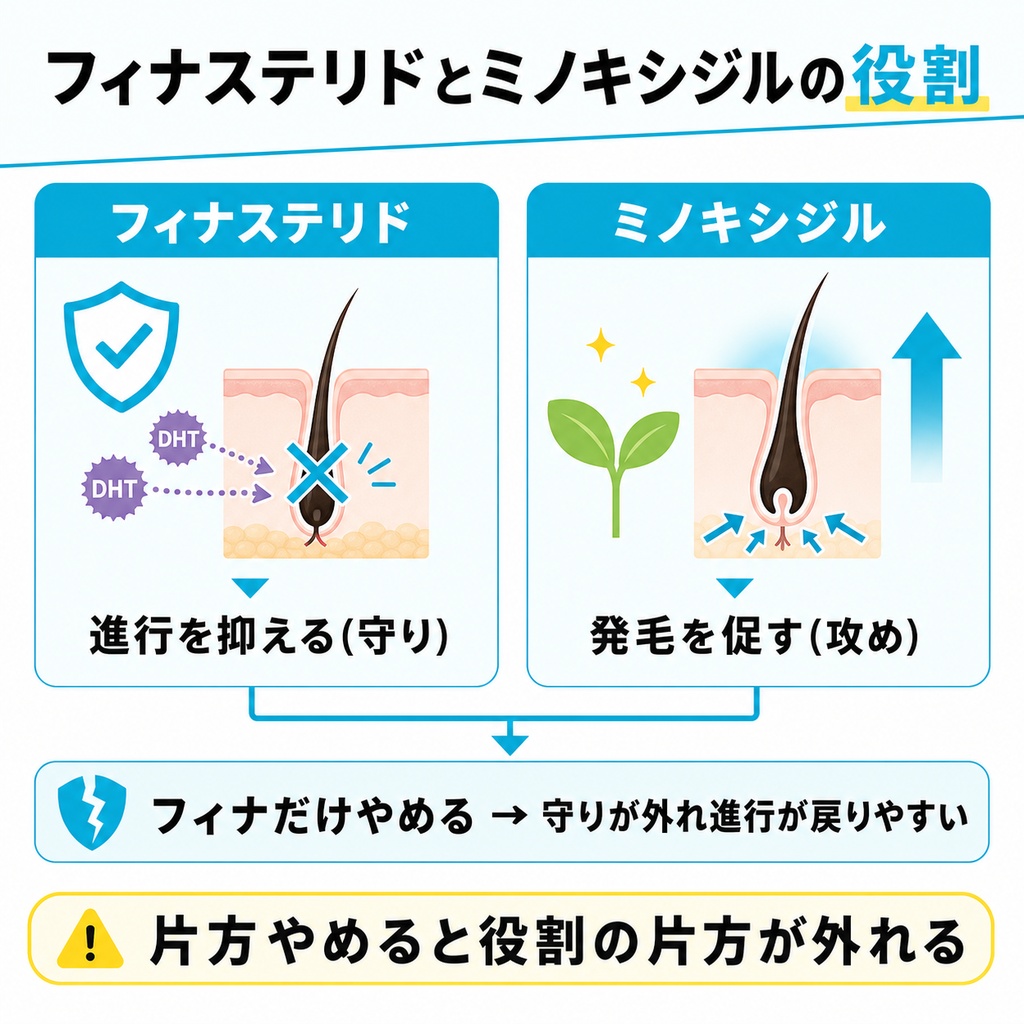 進行を抑えるフィナステリドと発毛を促すミノキシジルの役割の違いを示した図