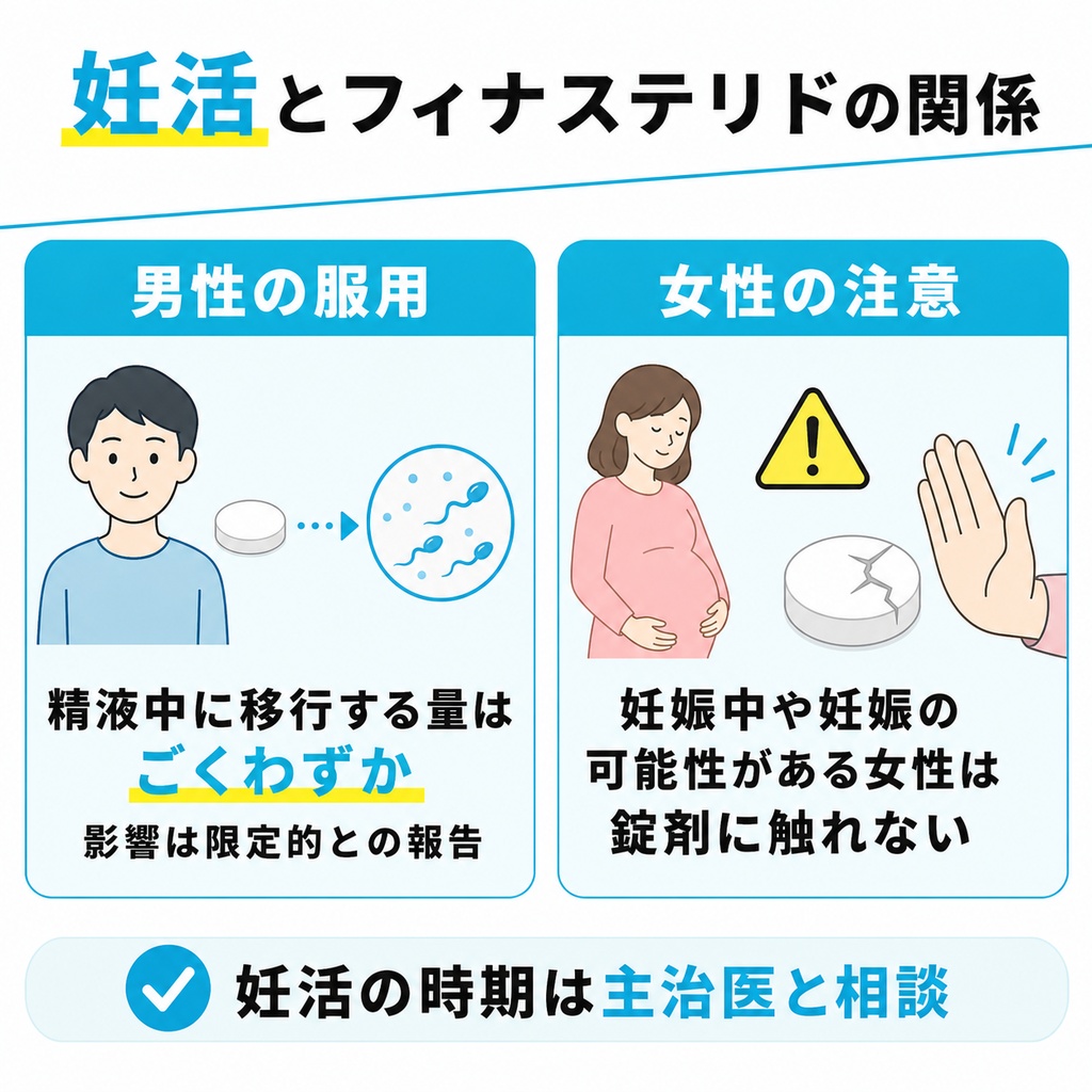男性のフィナステリド服用と精子や妊娠への影響の目安と女性の接触注意を示した図