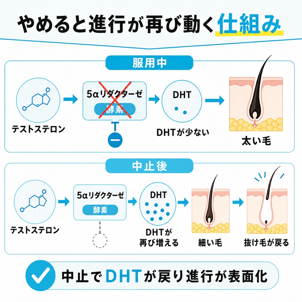 フィナステリドの作用機序と中止後にDHTが再び増える流れを示した図