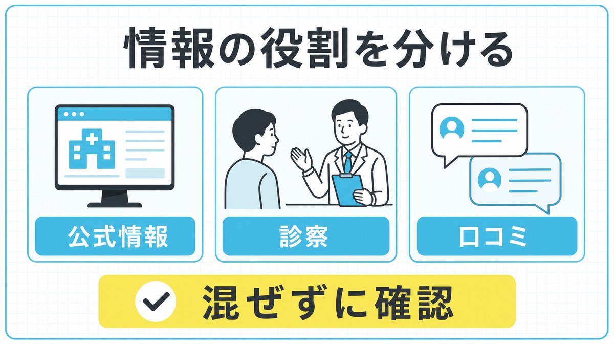 ゴリラクリニックのAGA治療を検討するときに公式情報・診察・口コミの役割を分けて確認する図