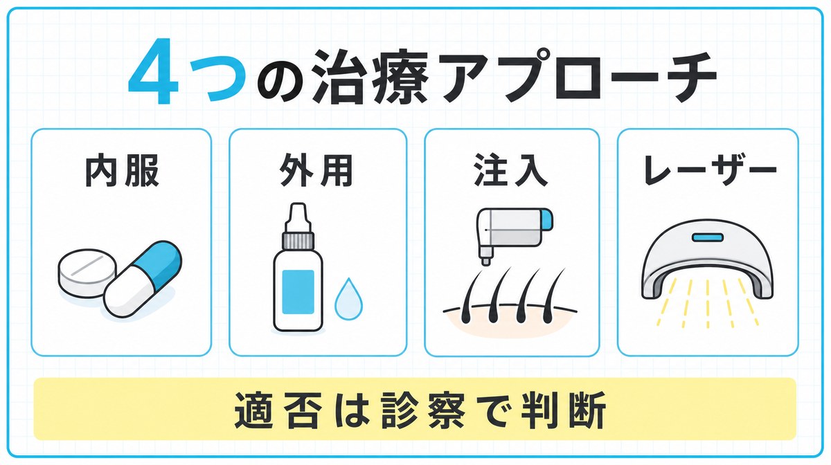 ゴリラクリニックのAGA治療における内服・外用・注入・レーザーの4つのアプローチ