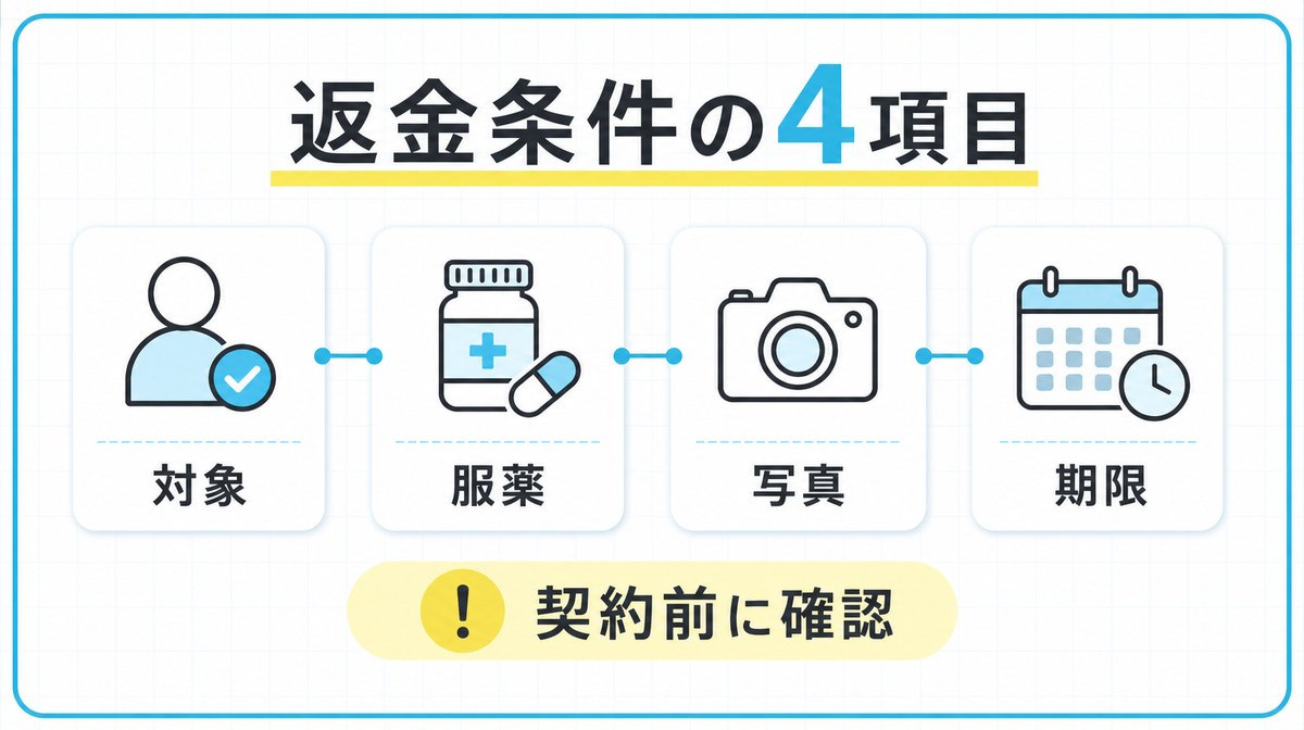 ゴリラクリニックの全額返金保証で対象・服薬・写真・期限を確認する図