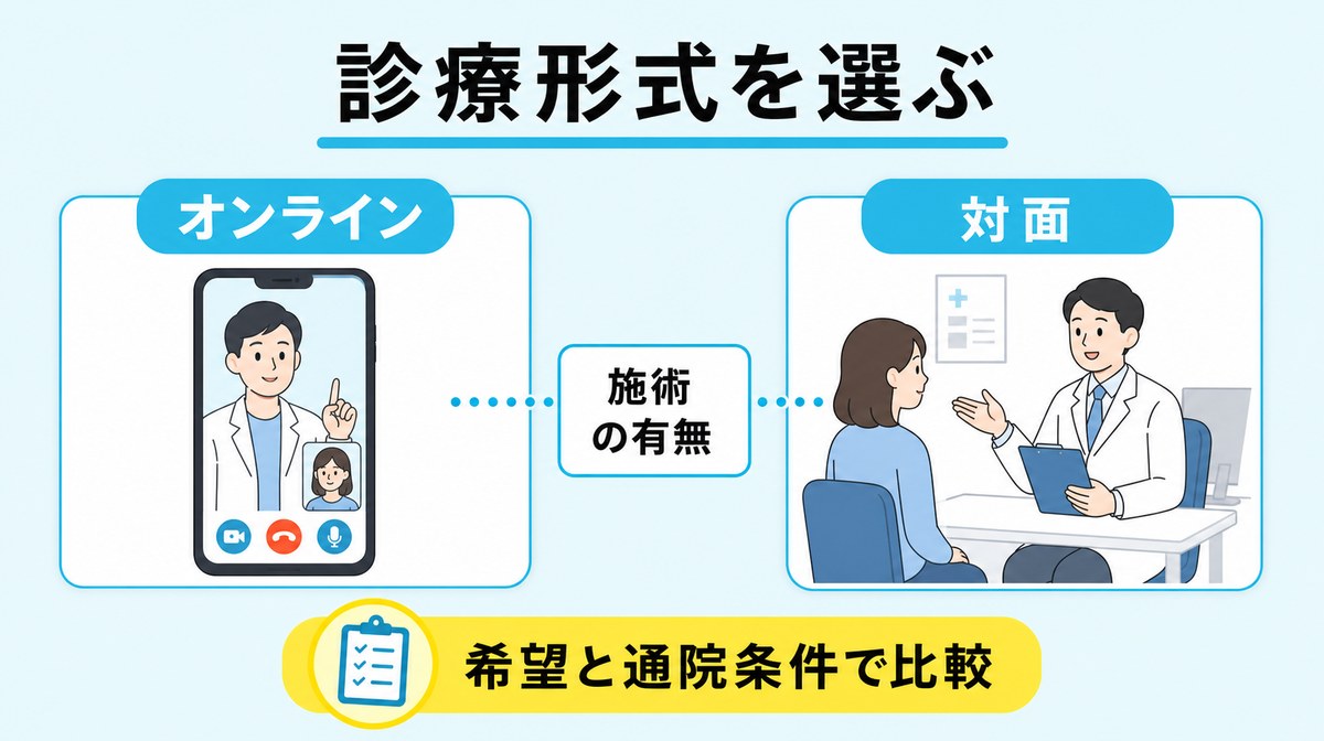ゴリラクリニックのオンライン診療と対面診療を施術の有無や通院条件で比べる図