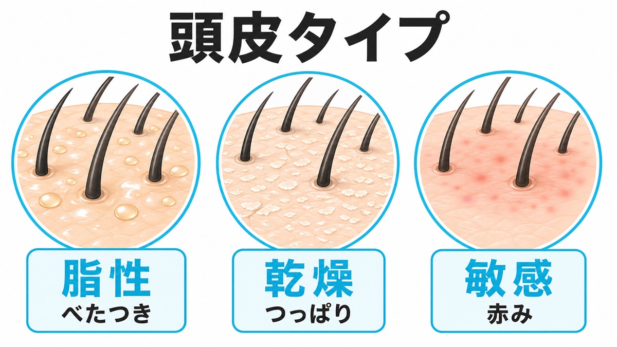 脂性肌と乾燥肌と敏感肌の頭皮タイプ3種類の特徴を並べたイメージ図