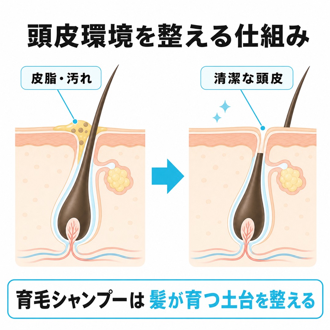 育毛シャンプーが皮脂や汚れを落として毛穴を清潔にし頭皮環境を整える仕組みを示した断面イメージ図