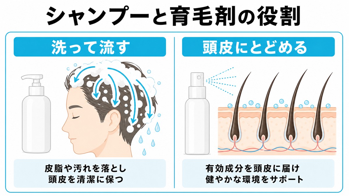 洗って流す育毛シャンプーと頭皮にとどめる育毛剤の役割の違いを対比した概念図