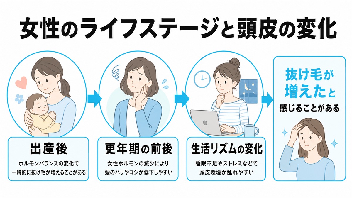 出産後や更年期など女性のライフステージと頭皮や髪の変化の関係を示した図