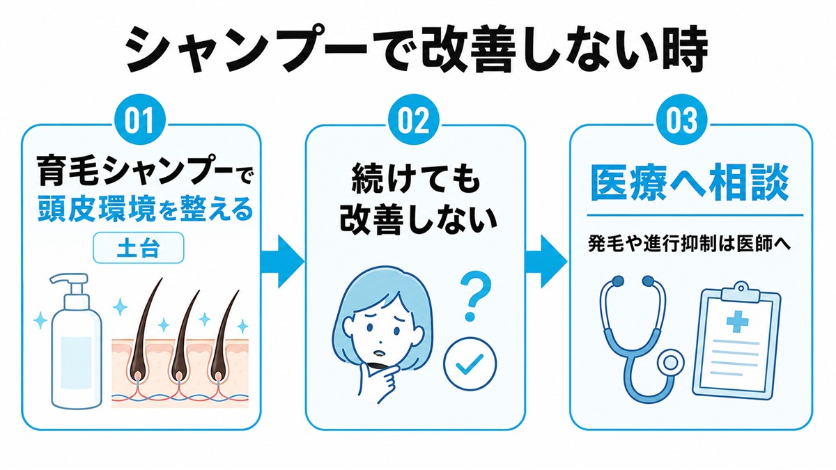 育毛シャンプーで頭皮環境を整える土台から改善しない時に医療へ進む段階を示した図