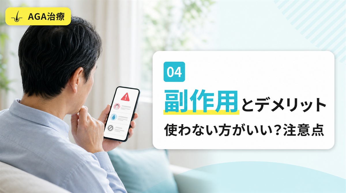 スマホで発毛剤の使用上の注意を読む男性の肩越しの見出しイメージ