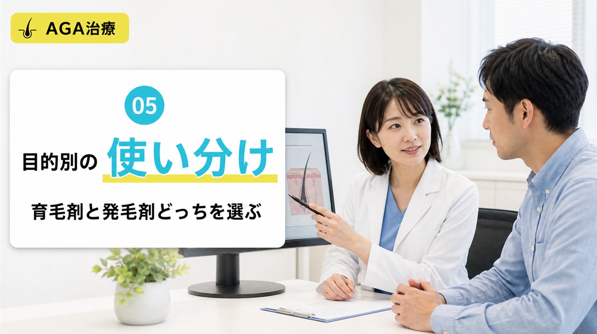 クリニックで医師が頭皮を見ながら使い分けを説明する2人の診察シーンの見出しイメージ