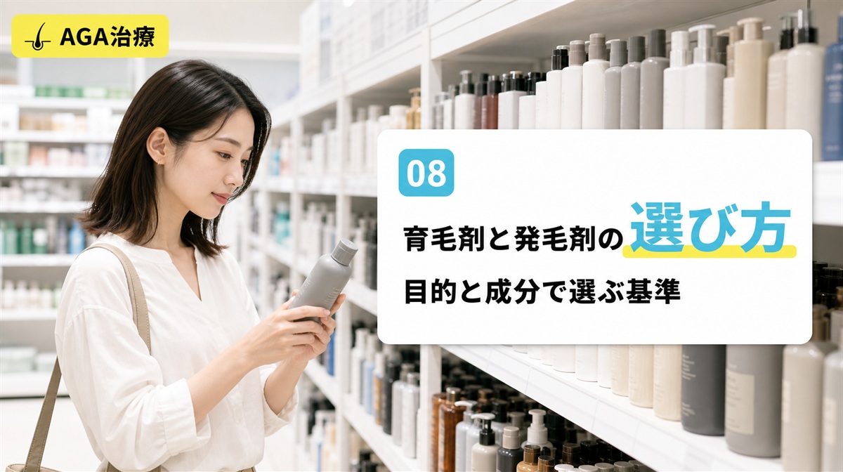 ドラッグストアの陳列棚の前で製品を選ぶ環境込みの引きの見出しイメージ