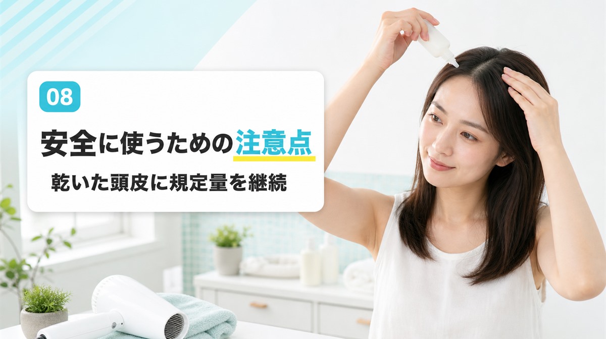 ドライヤー後の乾いた頭皮に育毛剤を使う洗面所の生活シーンの見出しイメージ