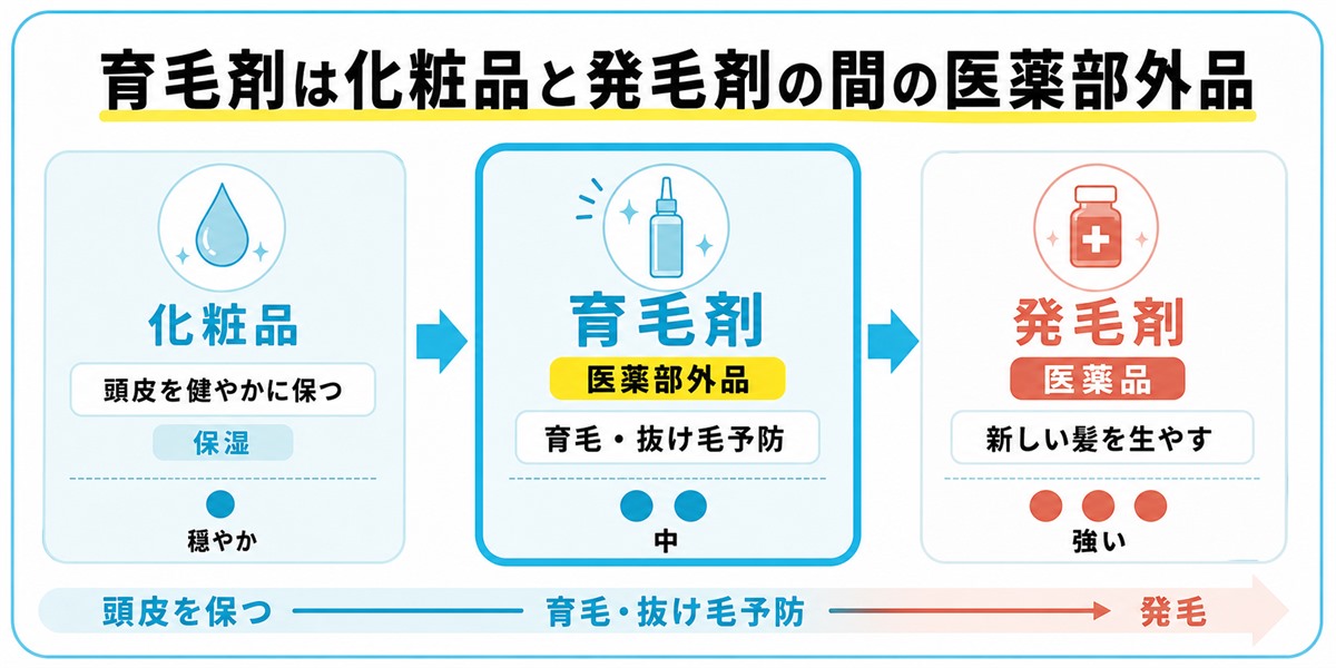 化粧品と育毛剤(医薬部外品)と発毛剤(医薬品)の目的と作用の強さの位置づけを対比したイラスト図