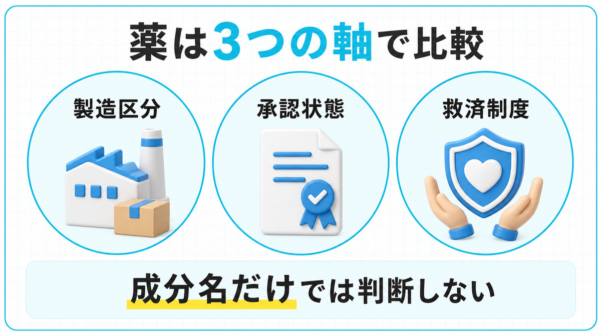 AGA治療薬の製造区分・承認状態・救済制度を比較する図